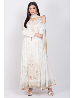 Biba - Off White Floral Anarkarli Kurta With Churidar & Dupatta (Set of 3)