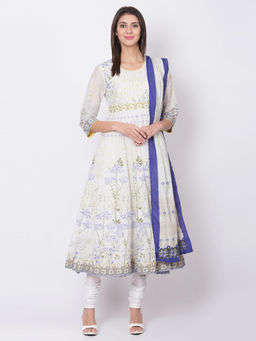 Biba - Off White Floral Anarkali Kurta With Churidar And Dupatta (Set of 3)