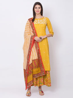 Biba - Mustard Striped Kurta With Sharara And Dupatta (Set of 3)