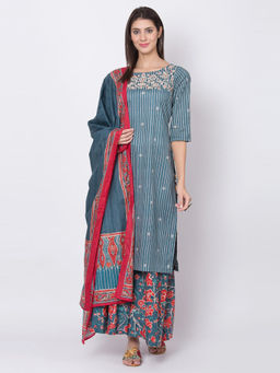 Biba - Teal Striped Kurta With Sharara And Dupatta (Set of 3)