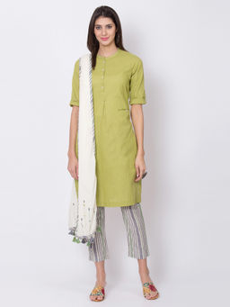 Biba - Grass Green Solid Kurta With Pants And Dupatta (Set of 3)