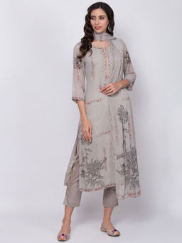 Biba - Grey Printed Kurta With Pants & Dupatta (Set of 3)