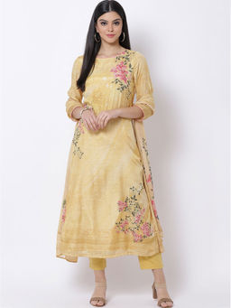 Biba - Yellow Floral Kurta With Pants & Dupatta (Set of 3)