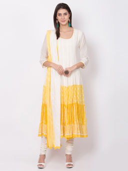 Biba - White Flared Kurta With Churidar And Dupatta (Set of 3)