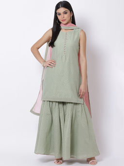 Biba - Green Woven Kurta With Sharara & Dupatta (Set of 3)