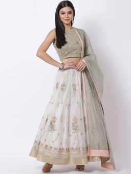 Biba - Off White Embroidered Lehenga With Blouse & Dupatta (Set of 3)