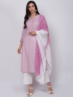 Biba - Pink Striped Kurta With Palazzos & Dupatta (Set of 3)