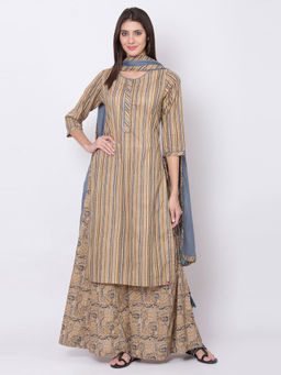 Biba - Multicolor Striped Straight Kurta With Sharara And Dupatta (Set of 3)