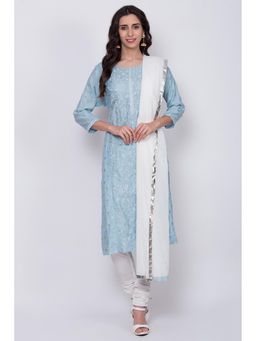 Biba - Blue Embroidered Kurta With Churidar & Dupatta (Set of 3)