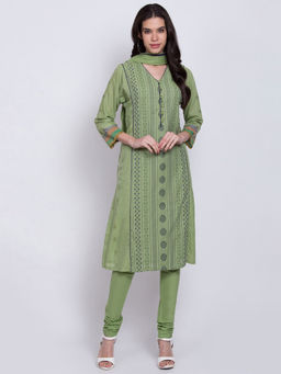 Biba - Green Printed Kurta With Churidar & Dupatta (Set of 3)