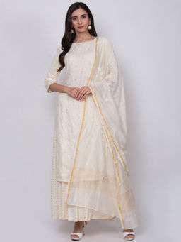 Biba - Off White Embroidered Kurta With Palazzos & Dupatta (Set of 3)