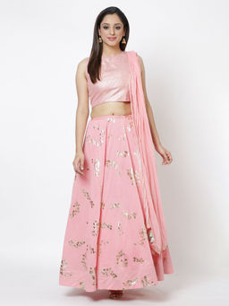 Biba - Pink Printed Blouse & Lehenga With Dupatta (Set of 3)
