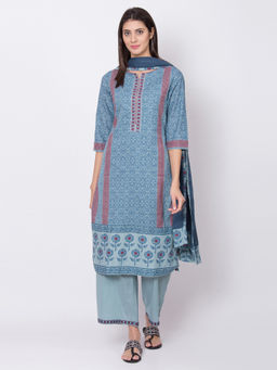 Biba - Blue Printed Kurta With Palazzo And Dupatta (Set of 3)