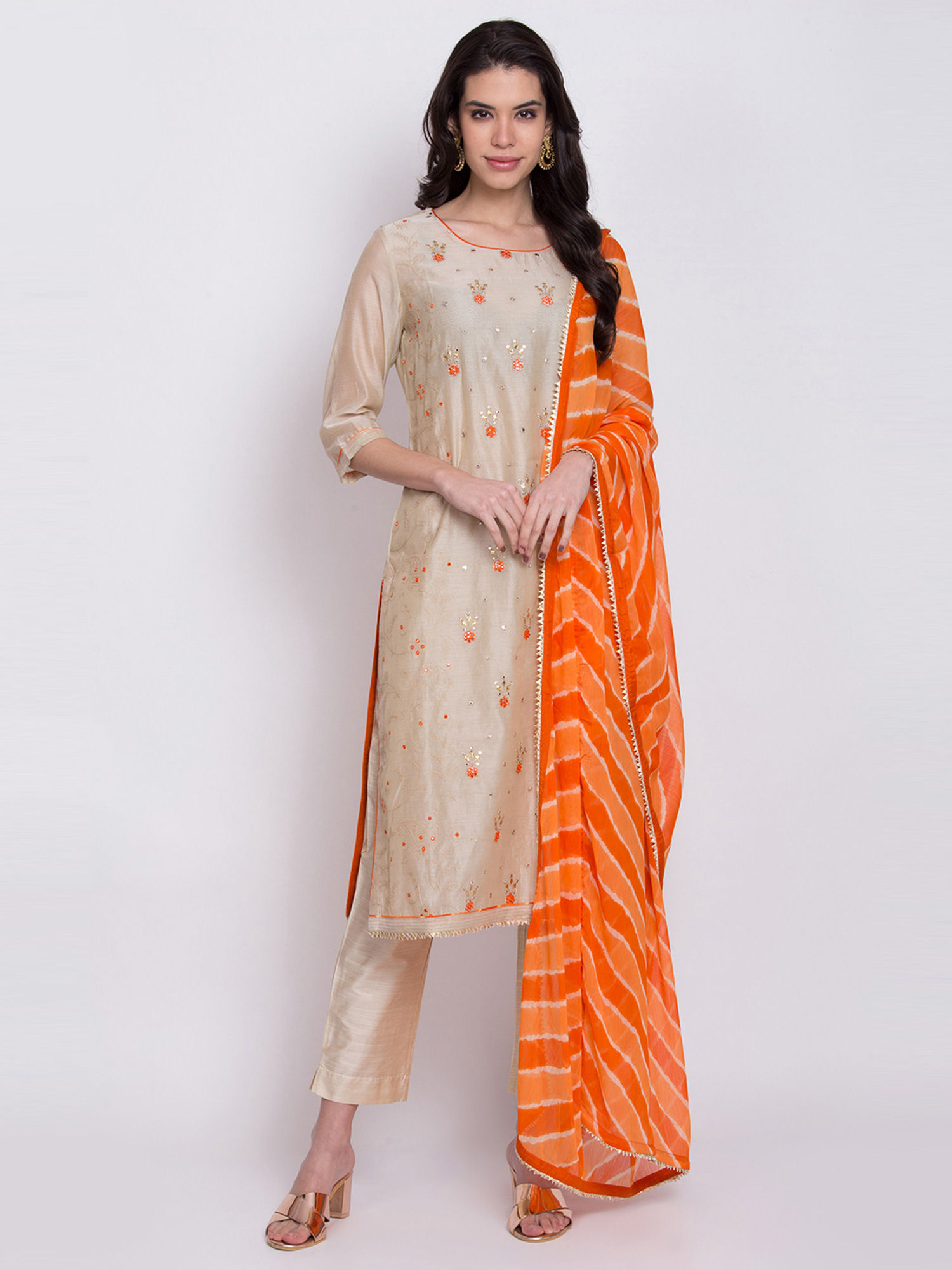Biba Beige Embellished Straight Kurta 