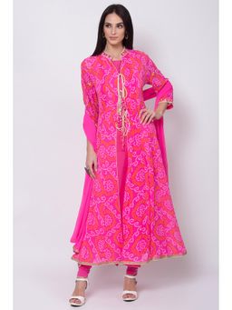 Biba - Pink Printed Anarkarli Kurta & Inner With Churidar & Dupatta (Set of 4)