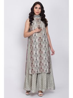 Biba - Moss Green Floral Kurta With Palazzos & Dupatta (Set of 3)