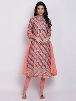 Biba - Peach Embellished Kurta And Inner With Churidar And Dupatta (Set of 4)