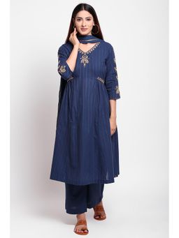 Biba - Navy Blue Striped Kurta With Palazzo & Dupatta (Set of 3)