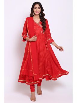 Biba - Red Striped Anarkarli Kurta With Churidar & Dupatta (Set of 3)
