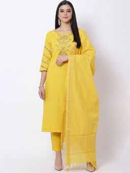 Biba - Yellow Checkered Kurta With Pants & Dupatta (Set of 3)