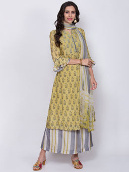 Biba - Green Floral Kurta With Palazzos & Dupatta (Set of 3)