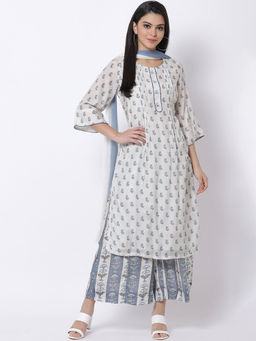 Biba - Off White Floral Kurta With Palazzos & Dupatta (Set of 3)