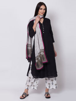 Biba - Black Solid Kurta With Palazzo And Dupatta (Set of 3)