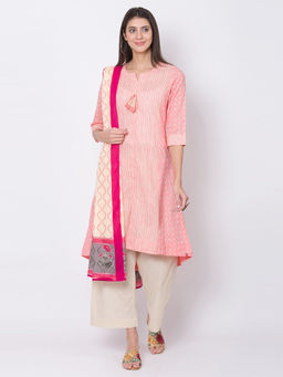 Biba - Pink Striped Kurta With Palazzo And Dupatta (Set of 3)