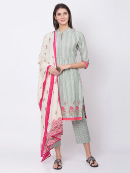 Biba - Sap Green Striped Straight Kurta With Pants And Dupatta (Set of 3)