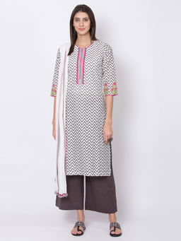 Biba - White Printed Straight Kurta With Palazzo And Dupatta (Set of 3)