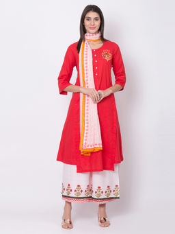 Biba - Red Kurta With Palazzo And Printed Dupatta (Set of 3)