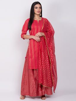 Biba - Red Kurta With Palazzo & Dupatta (Set of 3)