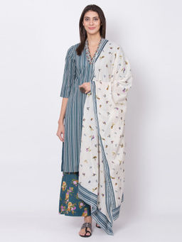 Biba - Teal Striped Straight Kurta With Palazzo And Dupatta (Set of 3)