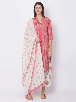 Biba - Red Striped Straight Kurta With Palazzo And Dupatta (Set of 3)