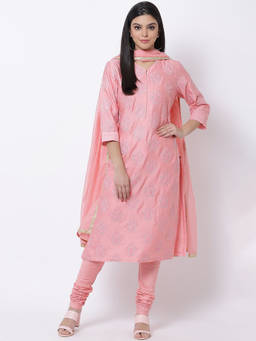 Biba - Pink Embroidered Kurta With Churidar & Dupatta (Set of 3)