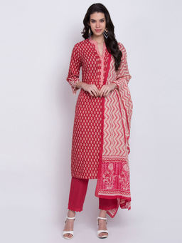 Biba - Red Printed Straight Kurta With Pants And Dupatta (Set of 3)
