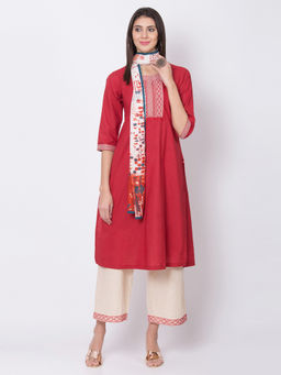 Biba - Red Solid Kurta With Palazzo And Dupatta (Set of 3)
