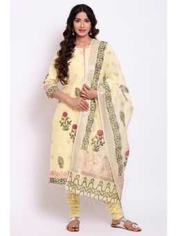 Biba - Yellow Floral Kurta With Churidar & Dupatta (Set of 3)
