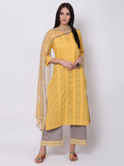 Biba - Yellow Solid Straight Kurta With Palazzo And Dupatta (Set of 3)