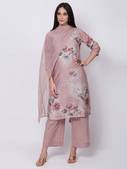 Biba - Purple Floral Straight Kurta With Palazzo And Dupatta (Set of 3)