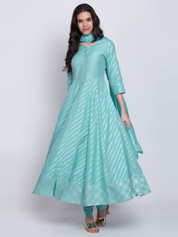 Biba - Turquoise Anarkali Kurta With Churidar And Dupatta (Set of 3)