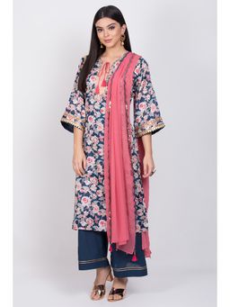 Biba - Navy Blue Floral Kurta With Palazzo & Dupatta (Set of 3)