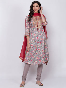 Biba - Grey Floral Kurta With Churidar & Dupatta (Set of 3)