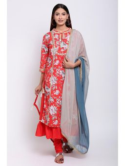 Biba - Red Floral Kurta & Inner With Churidar & Dupatta (Set of 4)