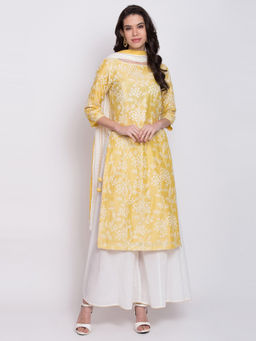 Biba - Yellow Embroidered Kurta With Sharara And Dupatta (Set of 3)