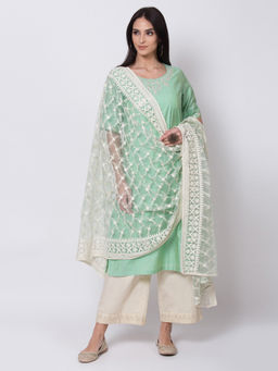 Biba - Sap Green Solid Straight Kurta With Palazzo And Dupatta (Set of 3)