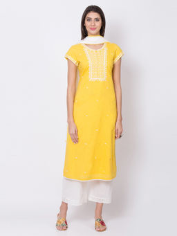 Biba - Yellow Embroidered Straight Kurta With Palazzo And Dupatta (Set of 3)