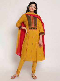 Biba - Yellow Woven Kurta With Pant & Dupatta (Set of 3)
