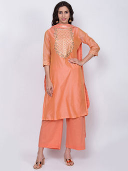 Biba - Peach Solid Kurta With Palazzos & Dupatta (Set of 3)