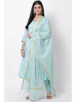 Biba - Blue Embellished Kurta & Inner With Churidar & Dupatta (Set of 4)